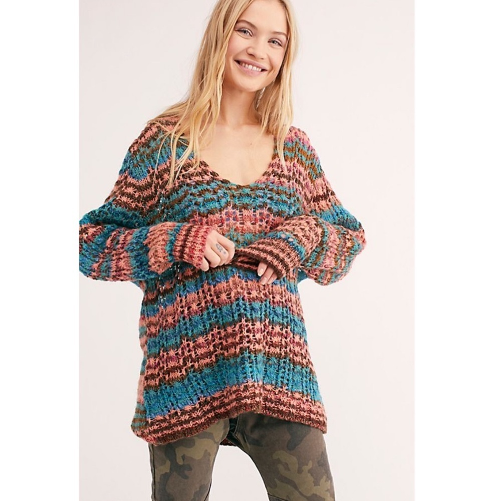 Free People Crochet Sweater Slouchy Chunky Knit Boho Oversized Pullover M NWT